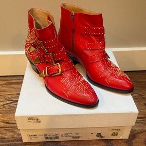 Chloe Red Studded Ankle Boots